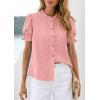 imagePRETTYGARDEN Womens Puff Short Sleeve Tops 2026 Summer Spring Button Down Boho Embroidered Cute Blouse Dressy Casual ShirtsPink