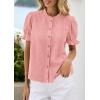 imagePRETTYGARDEN Womens Puff Short Sleeve Tops 2026 Summer Spring Button Down Boho Embroidered Cute Blouse Dressy Casual ShirtsPink