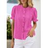 imagePRETTYGARDEN Womens Puff Short Sleeve Tops 2026 Summer Spring Button Down Boho Embroidered Cute Blouse Dressy Casual ShirtsRose Red