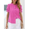 imagePRETTYGARDEN Womens Puff Short Sleeve Tops 2026 Summer Spring Button Down Boho Embroidered Cute Blouse Dressy Casual ShirtsRose Red
