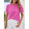 imagePRETTYGARDEN Womens Puff Short Sleeve Tops 2026 Summer Spring Button Down Boho Embroidered Cute Blouse Dressy Casual ShirtsRose Red