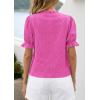 imagePRETTYGARDEN Womens Puff Short Sleeve Tops 2026 Summer Spring Button Down Boho Embroidered Cute Blouse Dressy Casual ShirtsRose Red