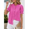 imagePRETTYGARDEN Womens Puff Short Sleeve Tops 2026 Summer Spring Button Down Boho Embroidered Cute Blouse Dressy Casual ShirtsRose Red