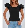 imagePRETTYGARDEN Womens Ruffle Short Sleeve Shirts 2026 Summer Casual Basic Tee Cute Fitted Crew Neck Fashion Tops ClothesBlack