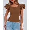 imagePRETTYGARDEN Womens Ruffle Short Sleeve Shirts 2026 Summer Casual Basic Tee Cute Fitted Crew Neck Fashion Tops ClothesBrown