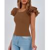 imagePRETTYGARDEN Womens Ruffle Short Sleeve Shirts 2026 Summer Casual Basic Tee Cute Fitted Crew Neck Fashion Tops ClothesBrown