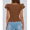 imagePRETTYGARDEN Womens Ruffle Short Sleeve Shirts 2026 Summer Casual Basic Tee Cute Fitted Crew Neck Fashion Tops ClothesBrown