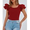 imagePRETTYGARDEN Womens Ruffle Short Sleeve Shirts 2026 Summer Casual Basic Tee Cute Fitted Crew Neck Fashion Tops ClothesRust Red