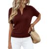 imagePRETTYGARDEN Womens Short Sleeve Sweater 2026 Spring Polo Shirts Ribbed Knit V Neck Business Casual Tops Summer Work ClothesDark Burgundy