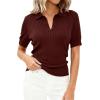 imagePRETTYGARDEN Womens Short Sleeve Sweater 2026 Spring Polo Shirts Ribbed Knit V Neck Business Casual Tops Summer Work ClothesDark Burgundy