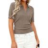 imagePRETTYGARDEN Womens Short Sleeve Sweater 2026 Spring Polo Shirts Ribbed Knit V Neck Business Casual Tops Summer Work ClothesDark Khaki