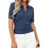 imagePRETTYGARDEN Womens Short Sleeve Sweater 2026 Spring Polo Shirts Ribbed Knit V Neck Business Casual Tops Summer Work ClothesDusty Blue