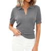 imagePRETTYGARDEN Womens Short Sleeve Sweater 2026 Spring Polo Shirts Ribbed Knit V Neck Business Casual Tops Summer Work ClothesGrey