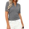 imagePRETTYGARDEN Womens Short Sleeve Sweater 2026 Spring Polo Shirts Ribbed Knit V Neck Business Casual Tops Summer Work ClothesGrey