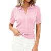 imagePRETTYGARDEN Womens Short Sleeve Sweater 2026 Spring Polo Shirts Ribbed Knit V Neck Business Casual Tops Summer Work ClothesPink