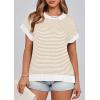 imagePRETTYGARDEN Womens Short Sleeve Sweater Spring Summer 2026 Round Neck Striped Pullover Cap Sleeve Knit Sweater Vest TopsApricot