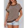 imagePRETTYGARDEN Womens Short Sleeve Sweater Spring Summer 2026 Round Neck Striped Pullover Cap Sleeve Knit Sweater Vest TopsDark Brown