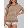 imagePRETTYGARDEN Womens Short Sleeve Sweater Spring Summer 2026 Round Neck Striped Pullover Cap Sleeve Knit Sweater Vest TopsDark Khaki