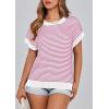 imagePRETTYGARDEN Womens Short Sleeve Sweater Spring Summer 2026 Round Neck Striped Pullover Cap Sleeve Knit Sweater Vest TopsRose Red