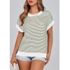 imagePRETTYGARDEN Womens Short Sleeve Sweater Spring Summer 2026 Round Neck Striped Pullover Cap Sleeve Knit Sweater Vest TopsStriped White Army Green