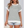 imagePRETTYGARDEN Womens Short Sleeve Sweater Spring Summer 2026 Round Neck Striped Pullover Cap Sleeve Knit Sweater Vest TopsStriped White Dark Green