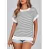 imagePRETTYGARDEN Womens Short Sleeve Sweater Spring Summer 2026 Round Neck Striped Pullover Cap Sleeve Knit Sweater Vest TopsStriped White Dark Green