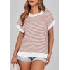 imagePRETTYGARDEN Womens Short Sleeve Sweater Spring Summer 2026 Round Neck Striped Pullover Cap Sleeve Knit Sweater Vest TopsStriped White Red