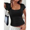 imagePRETTYGARDEN Womens Short Sleeve Tops 2026 Summer Lace Trim Square Neck Slim Fitted Going Out Basic Tee Shirts Y2K ClothesBlack