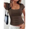 imagePRETTYGARDEN Womens Short Sleeve Tops 2026 Summer Lace Trim Square Neck Slim Fitted Going Out Basic Tee Shirts Y2K ClothesBrown