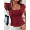imagePRETTYGARDEN Womens Short Sleeve Tops 2026 Summer Lace Trim Square Neck Slim Fitted Going Out Basic Tee Shirts Y2K ClothesBurgundy