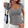 imagePRETTYGARDEN Womens Short Sleeve Tops 2026 Summer Lace Trim Square Neck Slim Fitted Going Out Basic Tee Shirts Y2K ClothesGrey