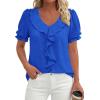 imagePRETTYGARDEN Womens Summer Dressy Casual Blouses 2026 Short Sleeve V Neck Ruffle Business Work Tops Trendy Spring OutfitsBlue