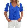 imagePRETTYGARDEN Womens Summer Dressy Casual Blouses 2026 Short Sleeve V Neck Ruffle Business Work Tops Trendy Spring OutfitsBlue