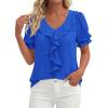 imagePRETTYGARDEN Womens Summer Dressy Casual Blouses 2026 Short Sleeve V Neck Ruffle Business Work Tops Trendy Spring OutfitsBlue