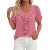 imagePRETTYGARDEN Womens Summer Dressy Casual Blouses 2026 Short Sleeve V Neck Ruffle Business Work Tops Trendy Spring OutfitsDark Pink
