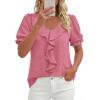 imagePRETTYGARDEN Womens Summer Dressy Casual Blouses 2026 Short Sleeve V Neck Ruffle Business Work Tops Trendy Spring OutfitsDark Pink