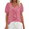 imagePRETTYGARDEN Womens Summer Dressy Casual Blouses 2026 Short Sleeve V Neck Ruffle Business Work Tops Trendy Spring OutfitsDark Pink