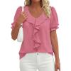 imagePRETTYGARDEN Womens Summer Dressy Casual Blouses 2026 Short Sleeve V Neck Ruffle Business Work Tops Trendy Spring OutfitsDark Pink
