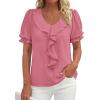 imagePRETTYGARDEN Womens Summer Dressy Casual Blouses 2026 Short Sleeve V Neck Ruffle Business Work Tops Trendy Spring OutfitsDark Pink