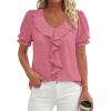 imagePRETTYGARDEN Womens Summer Dressy Casual Blouses 2026 Short Sleeve V Neck Ruffle Business Work Tops Trendy Spring OutfitsDark Pink