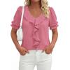 imagePRETTYGARDEN Womens Summer Dressy Casual Blouses 2026 Short Sleeve V Neck Ruffle Business Work Tops Trendy Spring OutfitsDark Pink