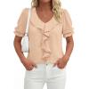 imagePRETTYGARDEN Womens Summer Dressy Casual Blouses 2026 Short Sleeve V Neck Ruffle Business Work Tops Trendy Spring OutfitsLight Khaki