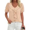 imagePRETTYGARDEN Womens Summer Dressy Casual Blouses 2026 Short Sleeve V Neck Ruffle Business Work Tops Trendy Spring OutfitsLight Khaki