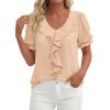 imagePRETTYGARDEN Womens Summer Dressy Casual Blouses 2026 Short Sleeve V Neck Ruffle Business Work Tops Trendy Spring OutfitsLight Khaki