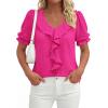 imagePRETTYGARDEN Womens Summer Dressy Casual Blouses 2026 Short Sleeve V Neck Ruffle Business Work Tops Trendy Spring OutfitsRose Red