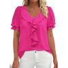 imagePRETTYGARDEN Womens Summer Dressy Casual Blouses 2026 Short Sleeve V Neck Ruffle Business Work Tops Trendy Spring OutfitsRose Red