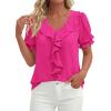 imagePRETTYGARDEN Womens Summer Dressy Casual Blouses 2026 Short Sleeve V Neck Ruffle Business Work Tops Trendy Spring OutfitsRose Red