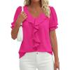 imagePRETTYGARDEN Womens Summer Dressy Casual Blouses 2026 Short Sleeve V Neck Ruffle Business Work Tops Trendy Spring OutfitsRose Red