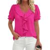 imagePRETTYGARDEN Womens Summer Dressy Casual Blouses 2026 Short Sleeve V Neck Ruffle Business Work Tops Trendy Spring OutfitsRose Red