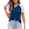 imagePRETTYGARDEN Womens Summer Tops Casual 2026 Lace Raglan Short Sleeve T Shirts Basic Tees Spring Fashion Blouse ClothesBlue